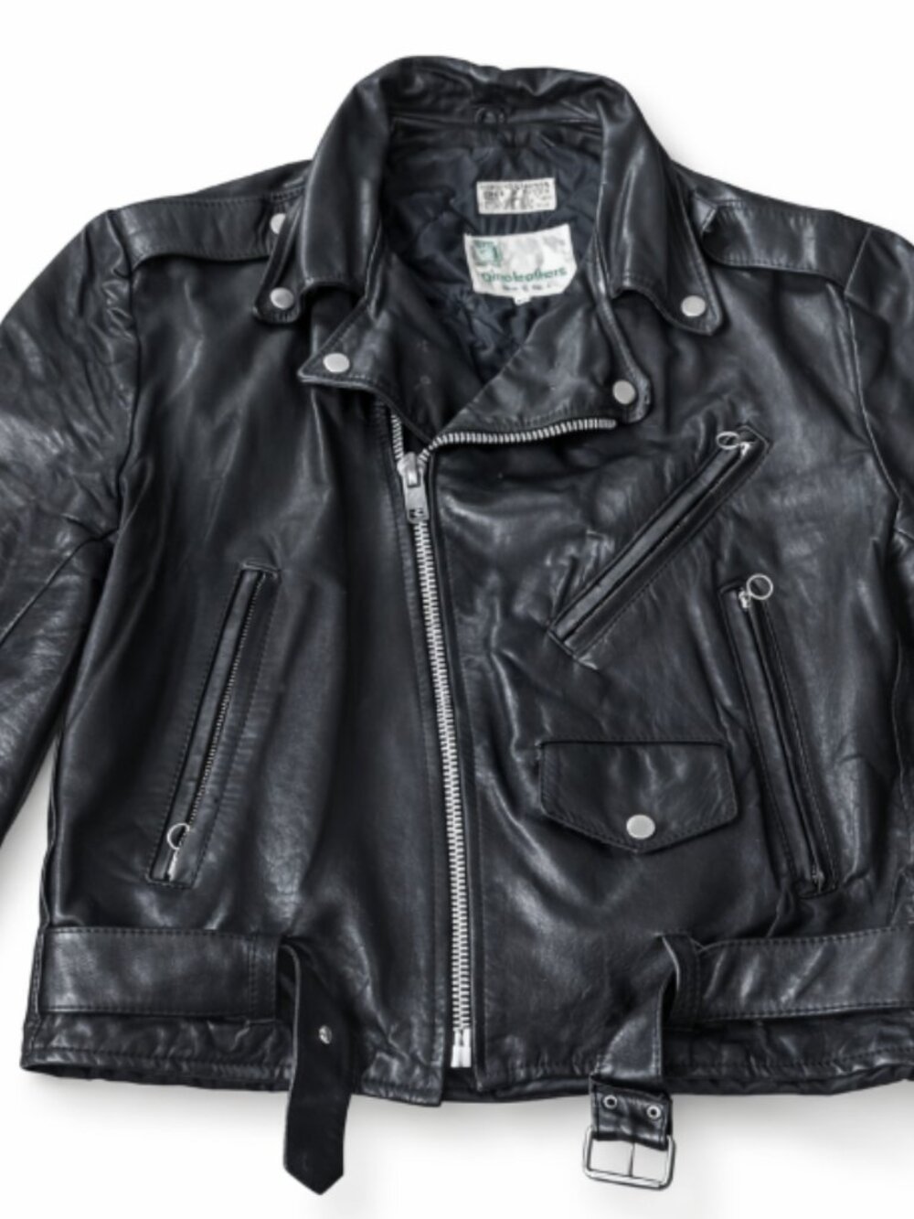 Vintage 1980s Gino Leathers Black Biker Jacket Size 44 Leather Moto Belted Y2K